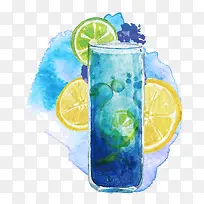 水彩饮料柠檬片蓝色晕染背景-空若网 水彩饮料柠檬片蓝色晕染背景-空若网