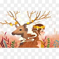 插画鹿和女孩免费下载-空若网 插画鹿和女孩免费下载-空若网