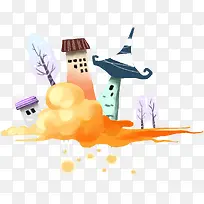 卡通橙色云朵房屋手绘人物-空若网 卡通橙色云朵房屋手绘人物-空若网